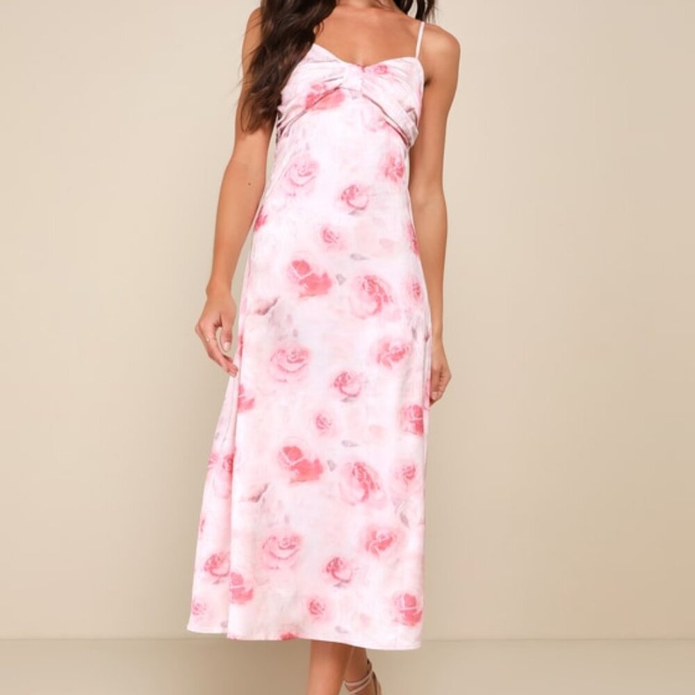 Lulus Easily Radiant Pink Floral Print Tie-back Midi Dress - Size XL